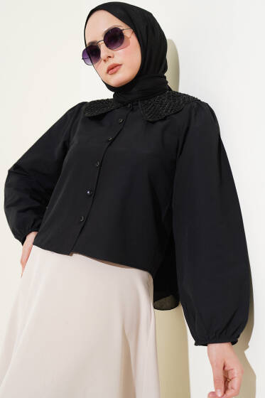 Yakası Taşlı Kısa Gömlek Siyah - Gömlek