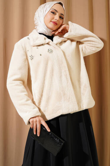 Yakası Taşlı Kürk Ceket Bej - Ceket