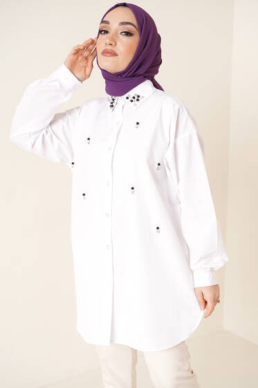Yakası Taşlı Oversize Gömlek Beyaz - Gömlek