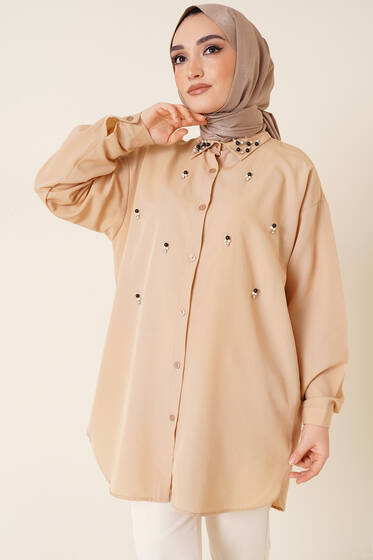 Yakası Taşlı Oversize Gömlek Latte - Gömlek