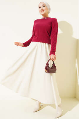 Yakası Taşlı Sakallı Kazak Bordo - Triko Kazak