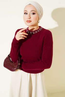 Yakası Taşlı Sakallı Kazak Bordo - VANİZA TRİKO