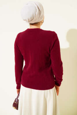 Yakası Taşlı Sakallı Kazak Bordo - Triko Kazak