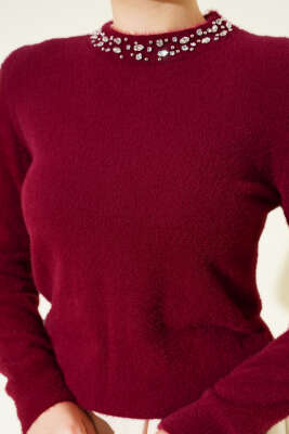 Yakası Taşlı Sakallı Kazak Bordo - Triko Kazak