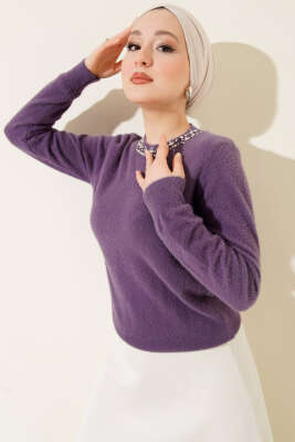 Yakası Taşlı Sakallı Kazak Lila - VANİZA TRİKO