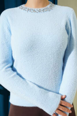 Yakası Taşlı Sakallı Kazak Mavi - Triko Kazak