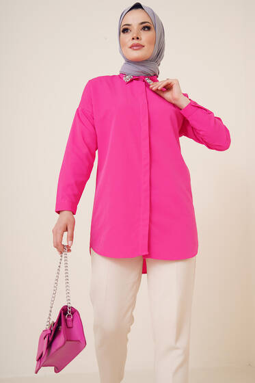 Yakası Taşlı Terikoton Gömlek Fusya - Gömlek