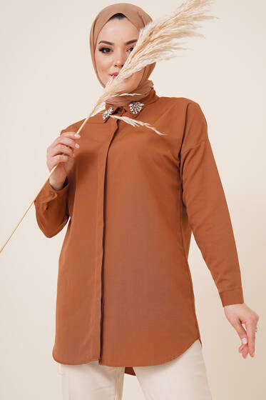 Yakası Taşlı Terikoton Gömlek Kahve - Gömlek