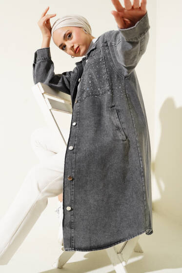 Yakası Taşlı Uzun Kot Ceket Füme - Ceket