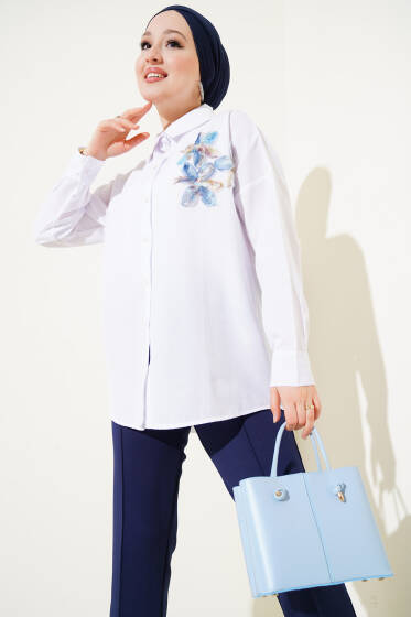 Yakası Tül Çiçekli Gömlek İndigo - Gömlek