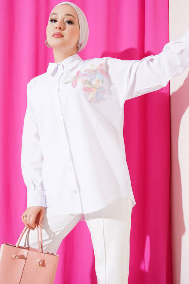 Yakası Tül Çiçekli Gömlek Pembe - Gömlek