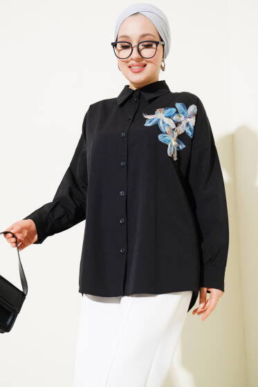 Yakası Tül Çiçekli Gömlek Siyah - Gömlek