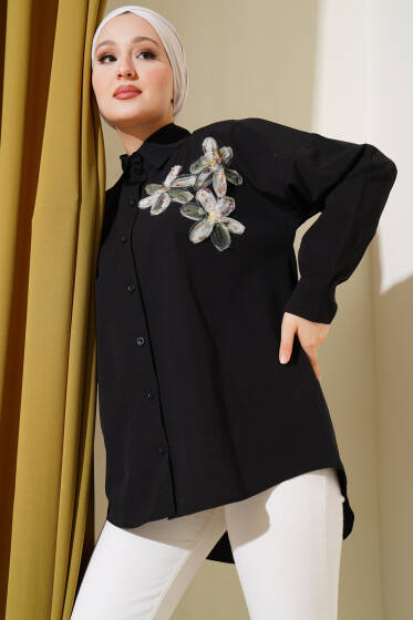 Yakası Tül Çiçekli Gömlek Siyah Haki - Gömlek