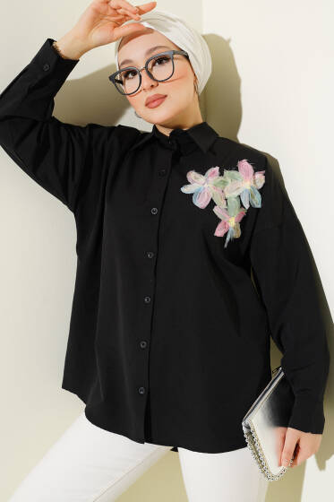 Yakası Tül Çiçekli Gömlek Siyah Pudra - Gömlek