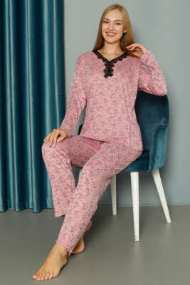 Yakası V Dantelli Desenli Viskon Pijama Takımı Gül Kurusu 