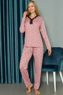 Yakası V Dantelli Desenli Viskon Pijama Takımı Gül Kurusu - Pijama & Gecelik