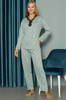 Yakası V Dantelli Desenli Viskon Pijama Takımı Mint 