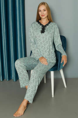 Yakası V Dantelli Desenli Viskon Pijama Takımı Mint - Pijama & Gecelik