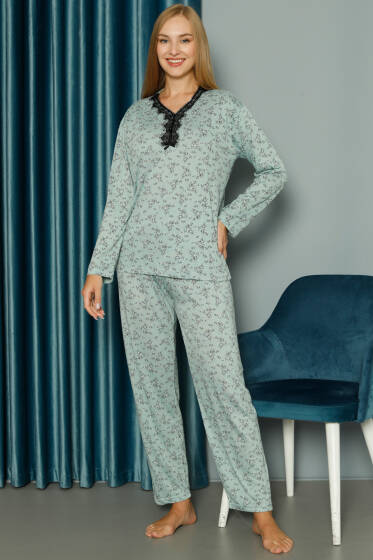 Yakası V Dantelli Desenli Viskon Pijama Takımı Mint - Pijama & Gecelik