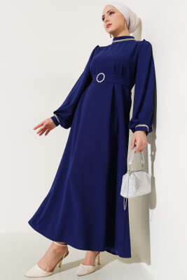 Yakası ve Bileği Taşlı Elbise Lacivert - Tesettür Elbise