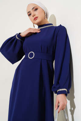 Yakası ve Bileği Taşlı Elbise Lacivert - Tesettür Elbise