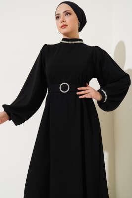 Yakası ve Bileği Taşlı Elbise Siyah - Tesettür Elbise