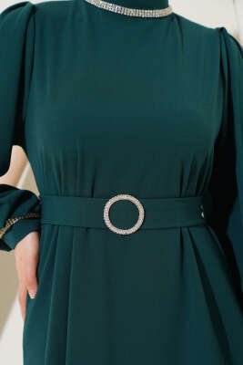 Yakası ve Bileği Taşlı Elbise Zümrüt - Tesettür Elbise