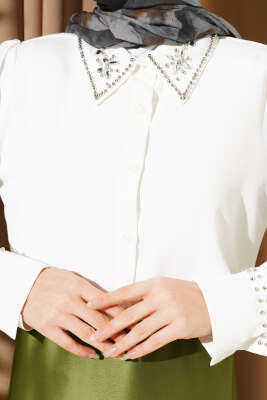 Yakası Ve Kol Manşeti Taşlı Gömlek Ekru - Gömlek