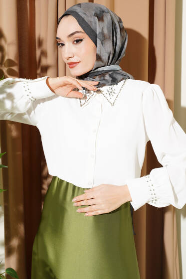 Yakası Ve Kol Manşeti Taşlı Gömlek Ekru - Gömlek