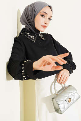 Yakası Ve Kol Manşeti Taşlı Gömlek Siyah - HELLIE