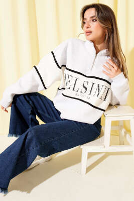 Yakası Yarım Fermuarlı Baskılı Şardonlu Sweatshirt Melanj Gri - Kadın Giyim Modelleri