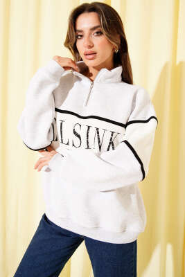 Yakası Yarım Fermuarlı Baskılı Şardonlu Sweatshirt Melanj Gri - Kadın Giyim Modelleri