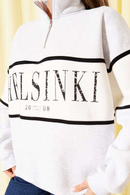Yakası Yarım Fermuarlı Baskılı Şardonlu Sweatshirt Melanj Gri - Kadın Giyim Modelleri