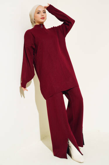 Yakası Yarım Fermuarlı Fitilli Triko Takım Bordo - İkili Takım