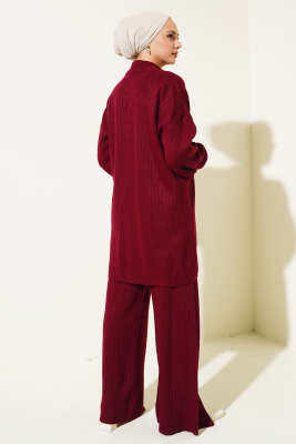Yakası Yarım Fermuarlı Fitilli Triko Takım Bordo - Triko İkili Takım