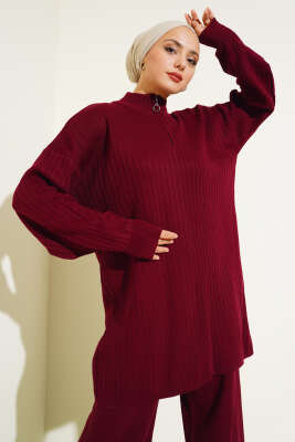 Yakası Yarım Fermuarlı Fitilli Triko Takım Bordo - Triko İkili Takım