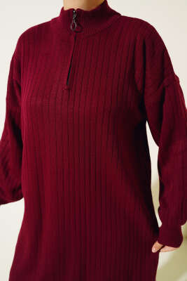 Yakası Yarım Fermuarlı Fitilli Triko Takım Bordo - Triko İkili Takım