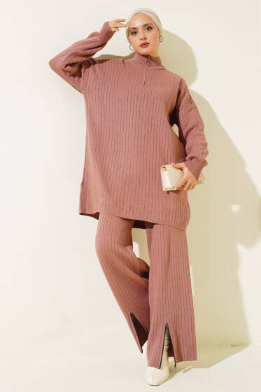 Yakası Yarım Fermuarlı Fitilli Triko Takım Gül Kurusu - İkili Takım