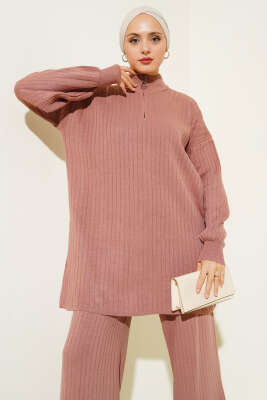 Yakası Yarım Fermuarlı Fitilli Triko Takım Gül Kurusu - Triko İkili Takım