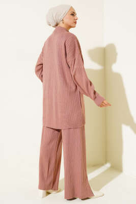 Yakası Yarım Fermuarlı Fitilli Triko Takım Gül Kurusu - Triko İkili Takım