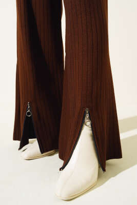 Yakası Yarım Fermuarlı Fitilli Triko Takım Kahve - Triko İkili Takım