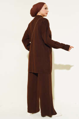 Yakası Yarım Fermuarlı Fitilli Triko Takım Kahve - Triko İkili Takım