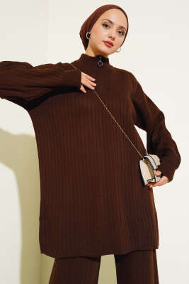 Yakası Yarım Fermuarlı Fitilli Triko Takım Kahve - Triko İkili Takım