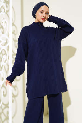 Yakası Yarım Fermuarlı Fitilli Triko Takım Lacivert - Triko İkili Takım