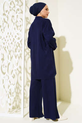Yakası Yarım Fermuarlı Fitilli Triko Takım Lacivert - Triko İkili Takım