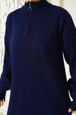 Yakası Yarım Fermuarlı Fitilli Triko Takım Lacivert - Triko İkili Takım