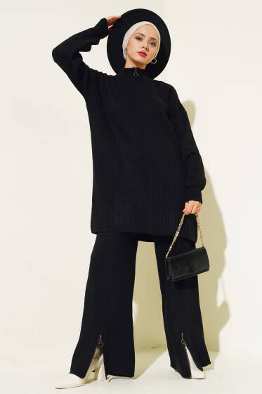 Yakası Yarım Fermuarlı Fitilli Triko Takım Siyah - İkili Takım