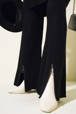 Yakası Yarım Fermuarlı Fitilli Triko Takım Siyah - Triko İkili Takım