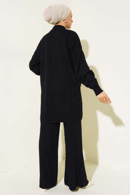 Yakası Yarım Fermuarlı Fitilli Triko Takım Siyah - Triko İkili Takım