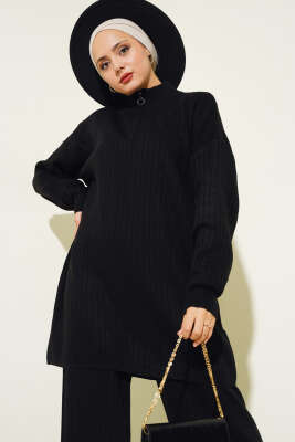 Yakası Yarım Fermuarlı Fitilli Triko Takım Siyah - Triko İkili Takım